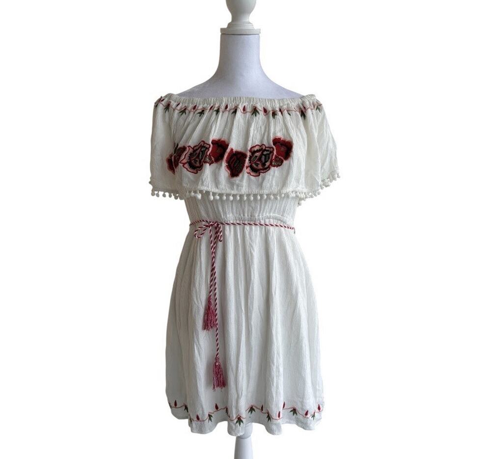 Dizzy Lizzy White Embroidered Off Shoulder Peasant Dress Boho Pom Pom L